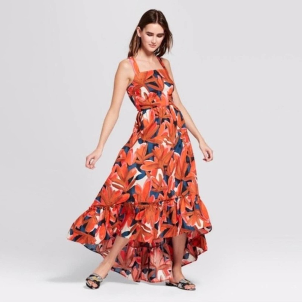 Who What Wear Orange Floral High-Low Maxi Dress with Navy Accents